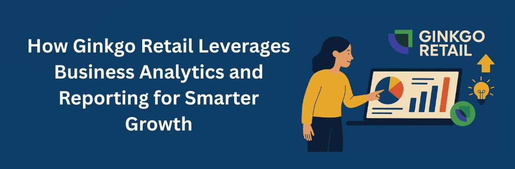 Alt Text: Illustration of a woman pointing at laptop charts with pie and bar graphs, featuring Ginkgo Retail logo, upward arrow, and lightbulb icon.
