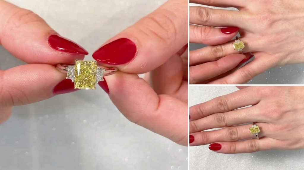 A close-up view of a three-stone engagement ring featuring a central radiant-cut yellow diamond flanked by two colorless trapezoid side stones, set on a platinum or white gold band and held between fingers with red nail polish.