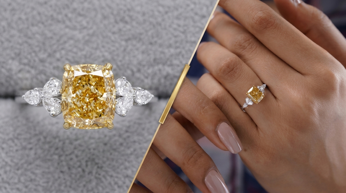 Fancy yellow cushion cut diamond engagement ring featuring pear-shaped side diamonds on a white gold band.
