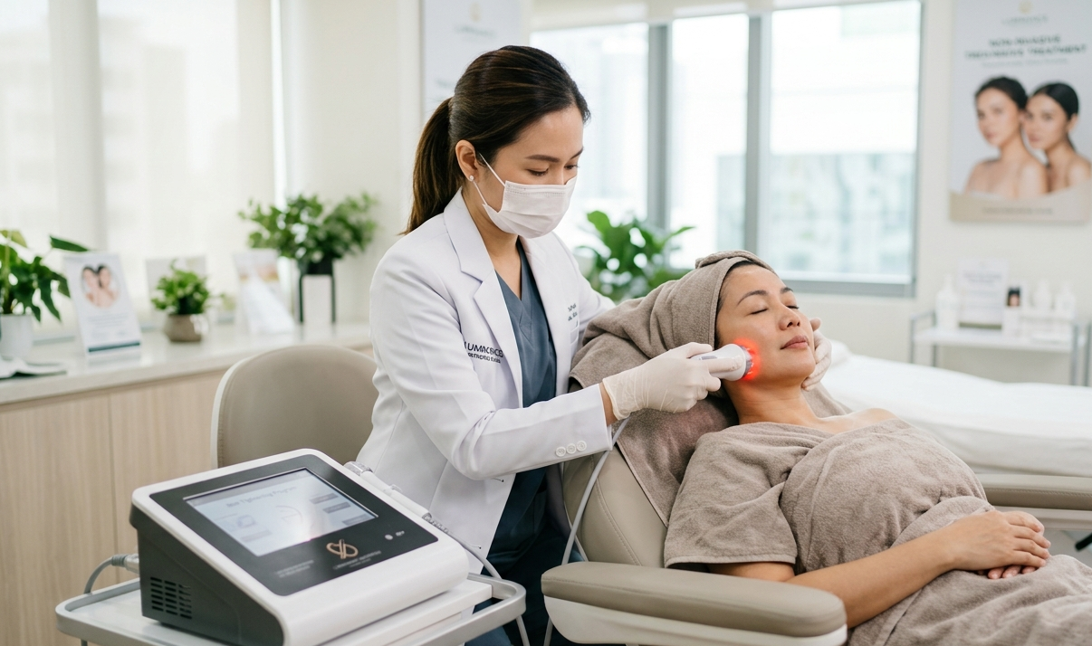 Woman getting a face lift treatment in a clinic