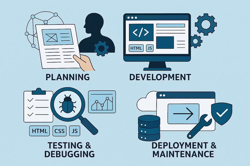 Web development process showing planning, development, testing and debugging, deployment and maintenance