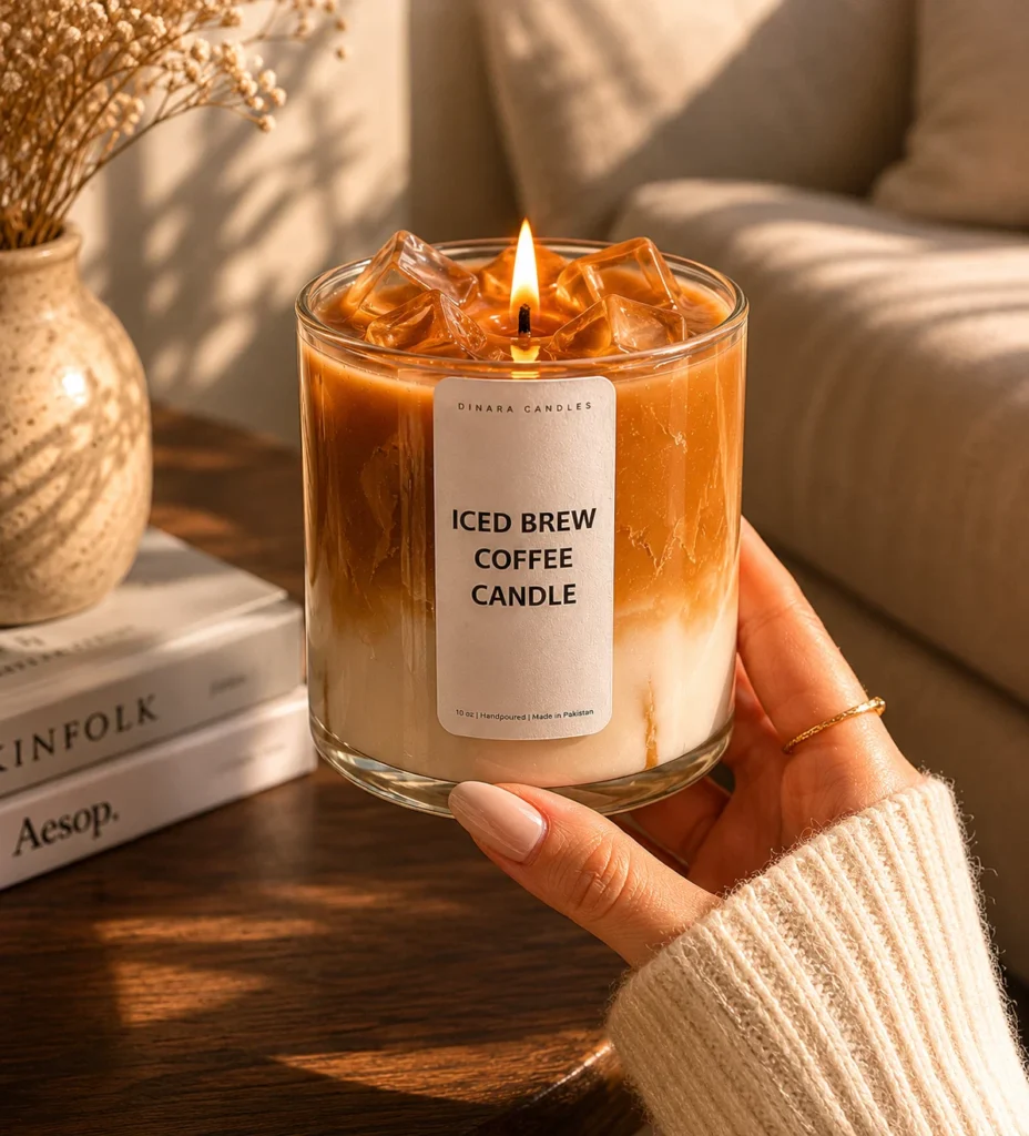 Coffe scented candle in a glass of jar creating a warm and cozy atmosphere
