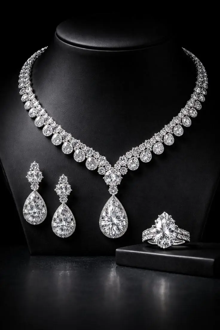 elegant silver jewellery set with necklace earrings and ring