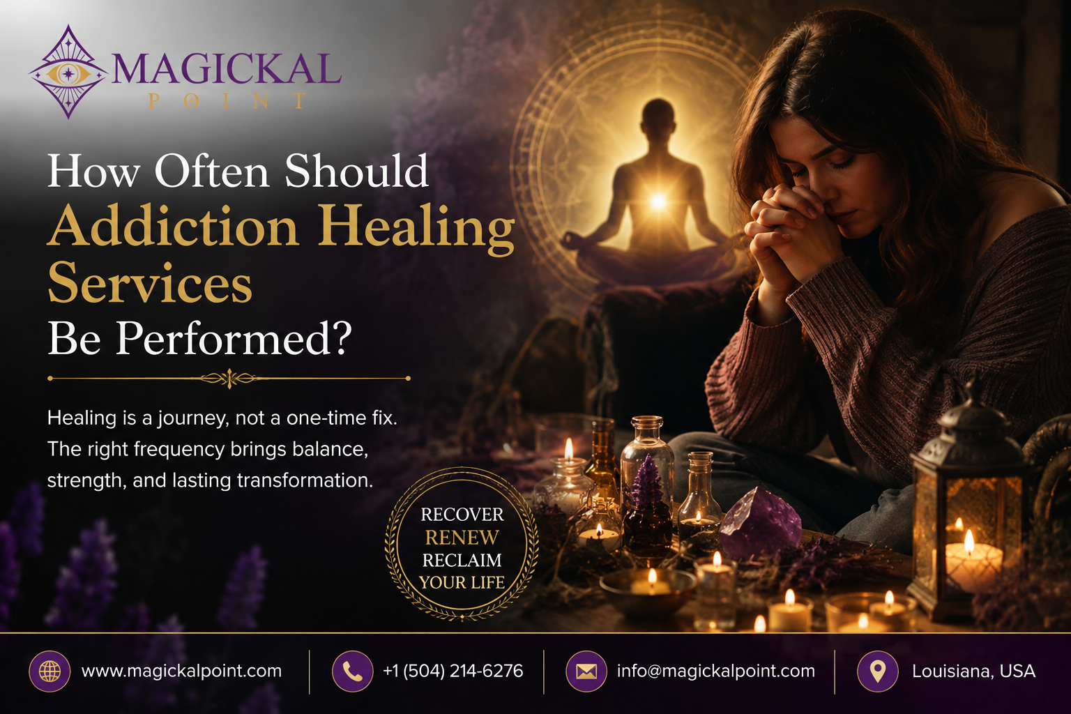 Addiction healing services with a meditating figure and a woman in reflection, symbolizing recovery, renewal, balance, and reclaiming your life.