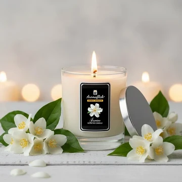 Jasmine scented candle with fresh jasmine flowers floral candle for relaxing and brithening living space 

