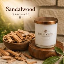 Natural sandalwood candle in glass jar woody balsmic scented candle with sandalwood pieces luxury home fragrance decor