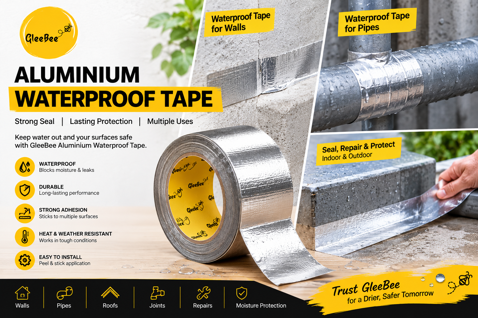 Aluminium Waterproof Tape for Walls and Pipes | GleeBee
