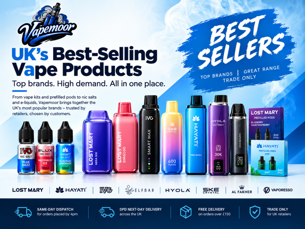 Vapemoor UK best-selling vape products banner featuring popular vape kits, prefilled pods, nic salts and leading vape brands, with wholesale delivery information for UK retailers.
